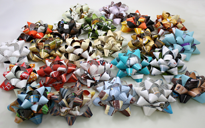 Bows for presents made from magazine strips.