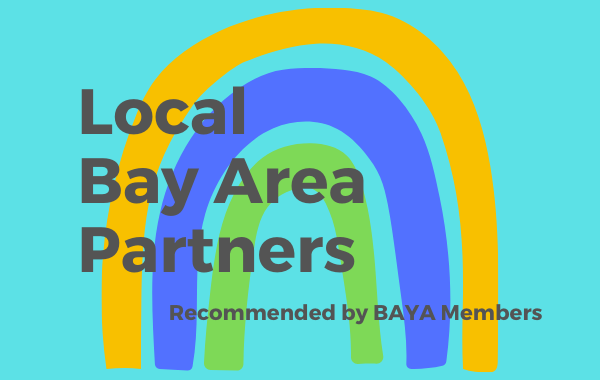 Local Bay Area Partners, Recommended by Bay Area Young Adult Members text over a three arch rainbow