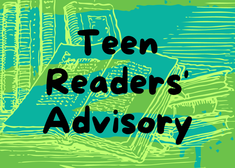 Text reads "Teen Readers' Advisory" over an illustrated books stacked and laying open in greens with a blue spray paint accent.